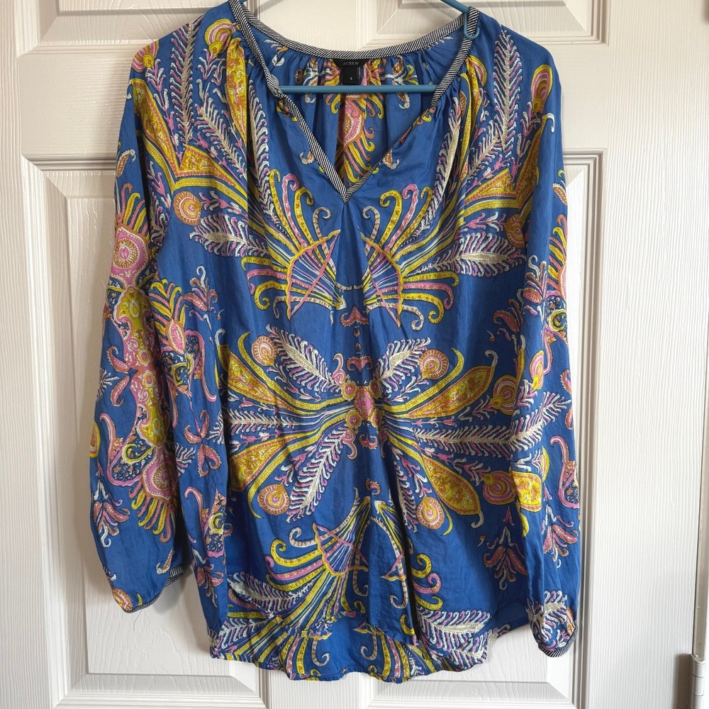 JCrew Blue Paisley Cotton Silk Blouse S Boho Medallion Summer Coastal Casual